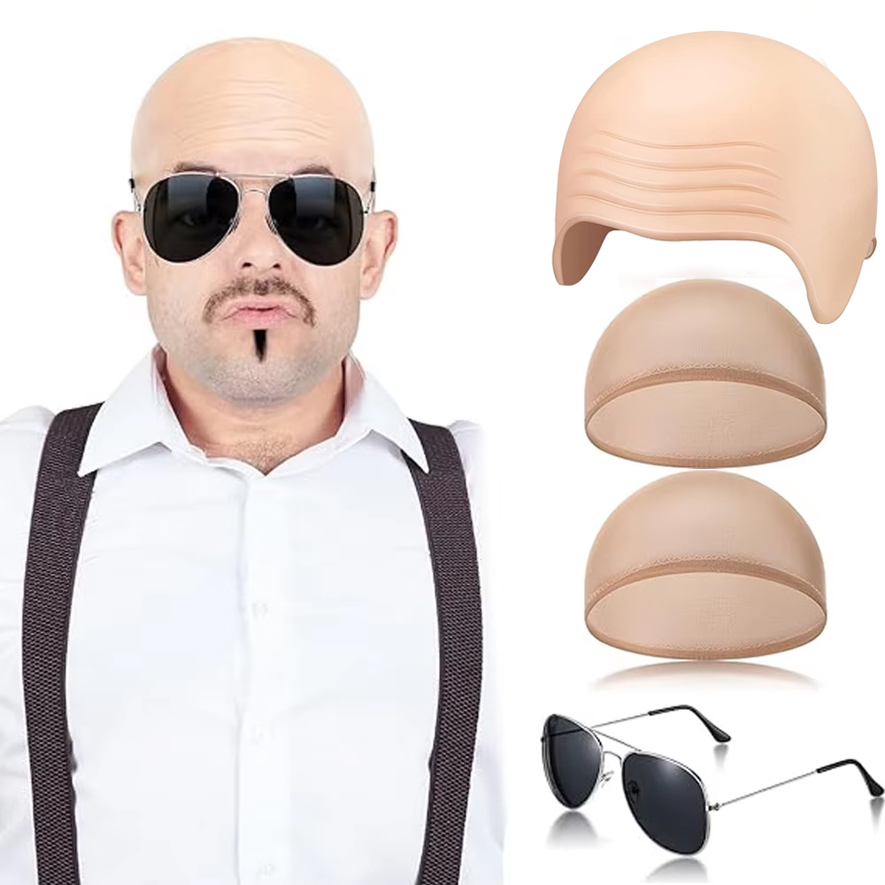 Men Accessories Combo Set - 4 Pcs Bald Caps Set Makeup